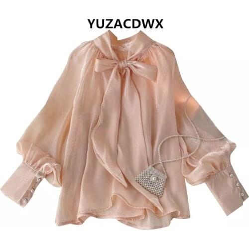 YUZACDWX High Quality 2021 Autumn Shirt Female Bow Tie Collar Retro Bubble Long-Sleeved Elegant Blouse Women