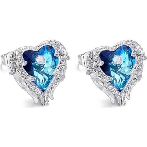 COCOM Elegant Angel Wing Heart Shape Stud Earrings with Austrian Crystal Fashion Women Ear Jewellry Gift for Valentines Day