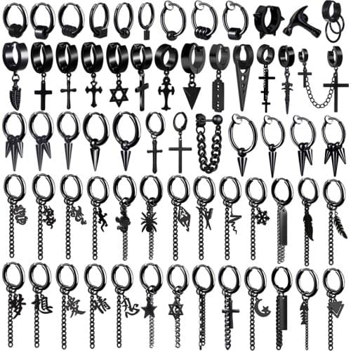 SOHOT Hoop Drop Earrings Black Moon Punk Girl Cross Multiple Unisex Geometry Star Animal Dragon Feather Rock Man Stainless Steel