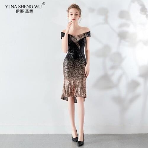 Women Elegant Short Mermaid Evening Gown Dress Vintage Gradient Sequin Dress Package Hip Sexy Party Dresses Europe And America
