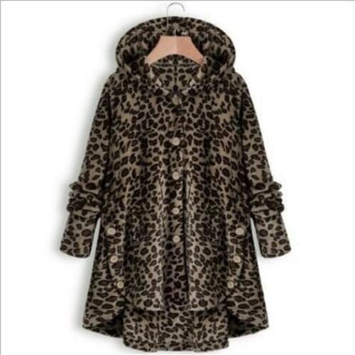 2020 NEW Winter Coat Leopard Coat womens Button Solid Color Hooded Long Sleeve Jacket Pockets Female Coats