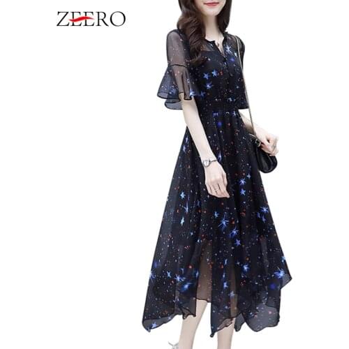Summer 2019 Women Half Flare Sleeve Irregular Sequin Dress Elegangt Transparent Mesh Star Midi Chiffon Plus Size Dresses Vestido