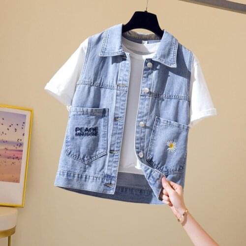 Woman Jacket Vest Little Daisy Denim Vest Womens Short Summer Coat Large Pocket Womens Chaleco Mujer