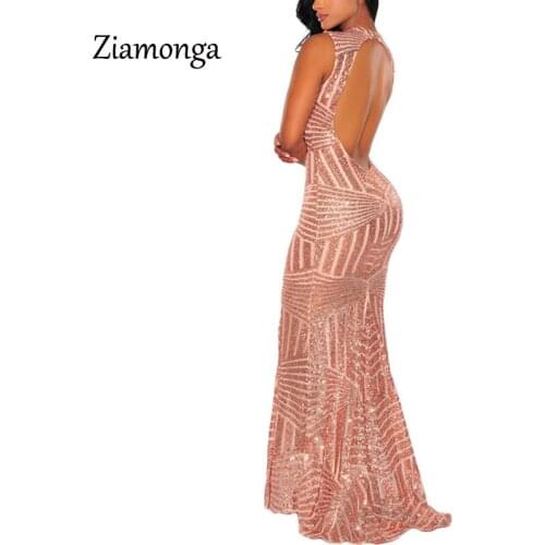 Ziamonga Sexy Backless Sequin Maxi Dress Elegant Evening Paillette Robe Sexy Bodycon Party Dresses Summer Mermaid Dress S2841