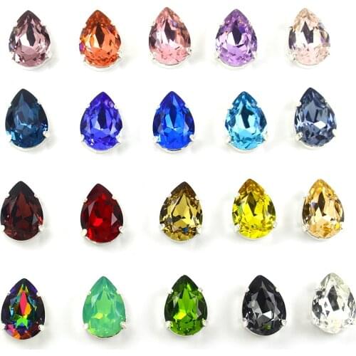 10*14mm Drop Crystal Glass Strass Rhinestones with Silver Claw Glitter Sew on Rhinestone Applique for Needlework Clothes Shoes