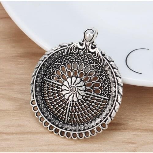 10 Pieces Antique Silver Boho Hollow Filigree Round Multi Strand Connector Pendants for Necklace Jewelry Making 46x40mm