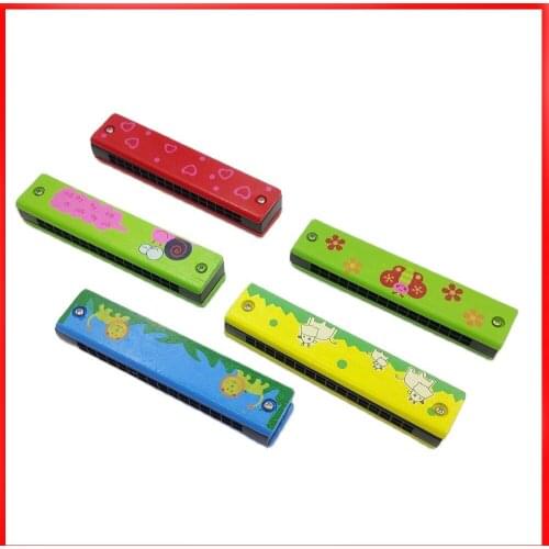 16 Syllables Hole Wooden Harmonica Children Training Beginner Educational Musical Instrument Toy Cute Cartoon Painted Random
