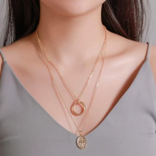 2020 Hot Selling Fashion Jewellery Double Layers Geometry Jesus Pendant Necklace for Party Circle Ring Cross Girls Necklace
