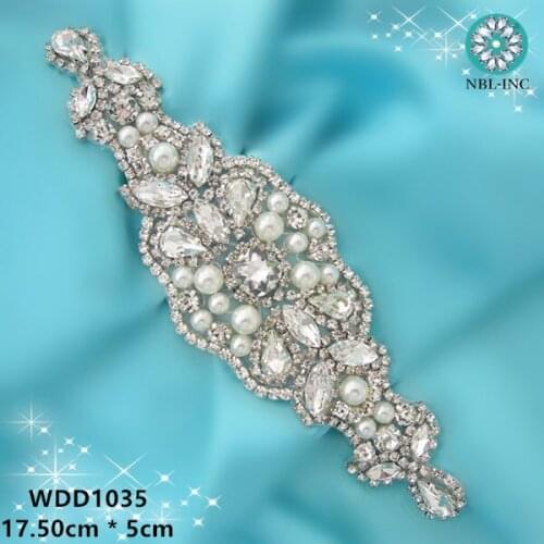 30PCS) Wholesale hand beaded pearl crystal rhinestone applique silver iron on for wedding dress WDD1035