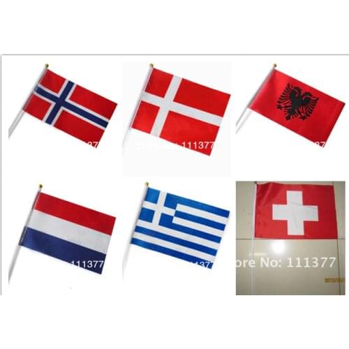 6 European countries' polyester flags Albanian Greece Netherlands Norway Switzerland Denmark Flags 14*21 cm with plastic poles