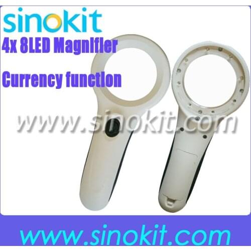 Free Shipping 2pieces per lot 4X 8LED Hand-held Magnifier Glass with Currency Detecting Function 9586