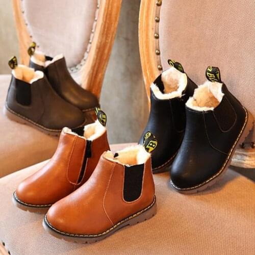 Kids Shoes Girls' Short Boots British Leather Boots Boys' Single Boots Retro Martin Plush Boots Fashion Waterproof