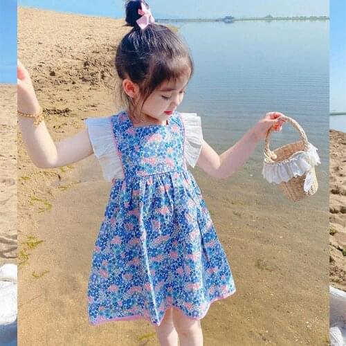 Printed A-Line Dress for Kids 2021 Ruffles Decoration Summer Clothing Sleeveless Girls Mini Dress Hollow Out Dress with Bow