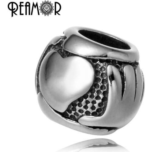 REAMOR Hands & Heart Large Hole Beads 316l Stainless Steel European Spacer Beads Pan Bracelet Charm Jewelry Making