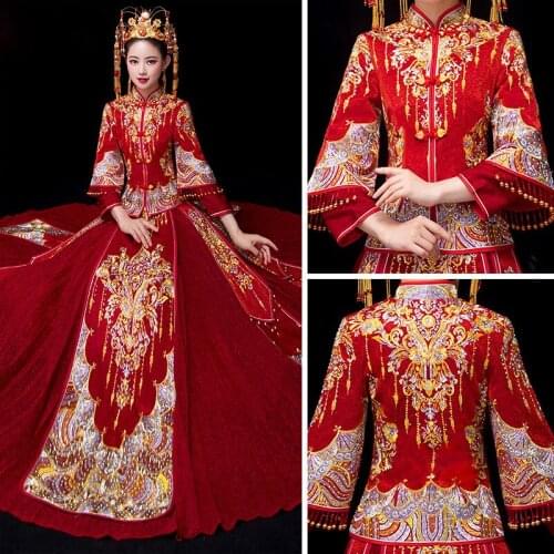 FZSLCYIYI Wine Red Chinese Bride Wedding Dress Exquisite Embroidery Cheongsam Elegant Marriage Qipao Suit Evening Gowns