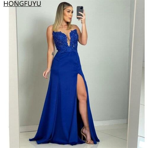 HONGFUYU Royal Blue Satin robe de soirée Prom Dress Sheer O-neck Formal Evening Dresses with Appliques Lace suknie wieczorowe