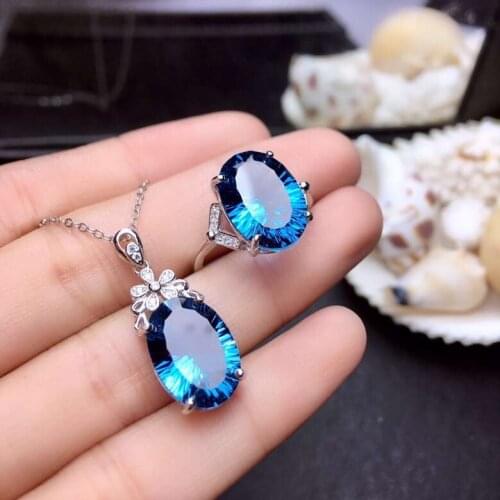 Natural blue topaz gem jewelry sets natural gemstone Pendant ring 925 silver Luxurious big round women wedding Office jewelry
