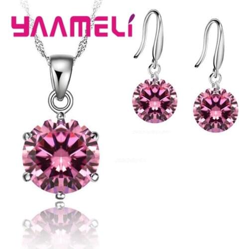 925 Sterling Silver Crystal Colorful Beautiful Luxury Romantic Style Necklace Earrings Set Christmas Surprise Gift