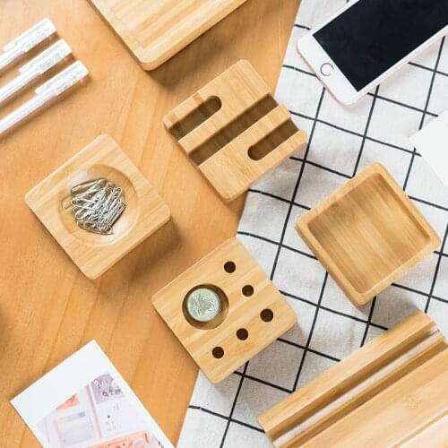 Creative Bamboo Office Desk Organize Modern Style Square Sundries Storage Box Wood Stationary Container Cards/Phone Holder