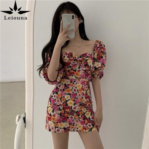 Leiouna Slash Neck Summer Women Sweet Floral Print Bubble Sleeves Print Elegant Square Collar Mini High Waist Dress