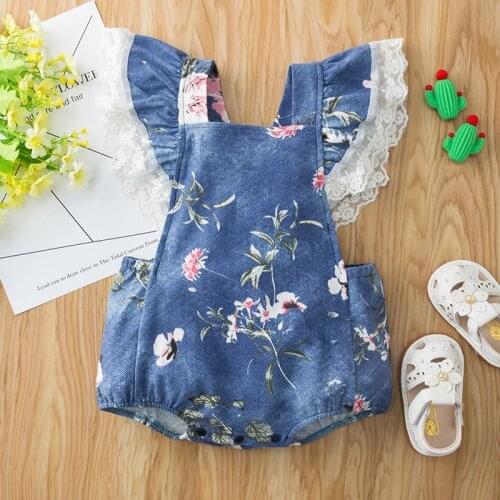 Summer Newborn Baby Girl Short-sleeved Bodysuit Cotton Knitted Denim Lace Decoration Sweet Flying Sleeves Jumpsuit Clothes