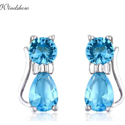 925 Sterling Silver Cute Kittens Kitty Cat Ocean Blue Crystals Stud Earrings For Women Girls Kids Child Jewelry Anti-Allergic