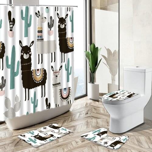 Cute Alpaca Shower Curtain Cartoon Fun Animal Sloth Monkey Tropical Cactus Plant Non-Slip Pedestal Rug Toilet Cover Bathroom Set