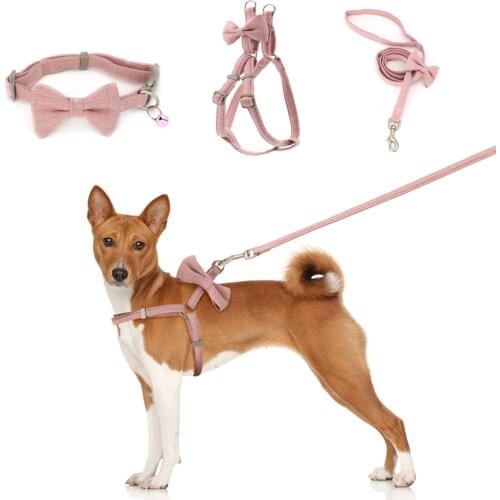 Soft Dog Harness and Leash Collar Set Adjustable Lovely Bow for Small Medium Dogs Pure Color Outdoor Walking Pet Supplies
