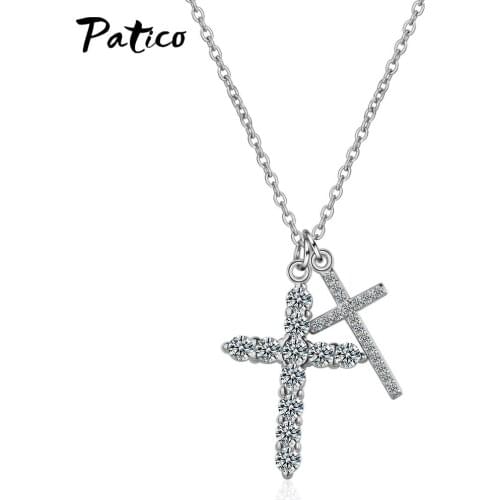 Charming 925 Sterling Silver Necklace Pendant Full Rhinestone Double Corss Cubic Zircon Paved for Female Collar Christ Jewelry