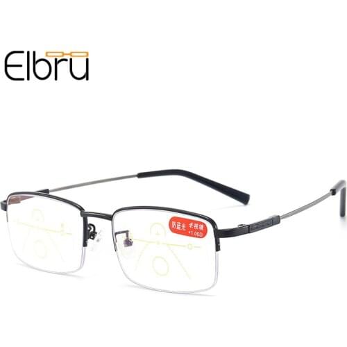 Elbru Alloy Anti Blue Light Bifocals Reading Glasses Women Men Progressive Multi-focus Presbyopic Spectacles Diopters +1.0 +4.0