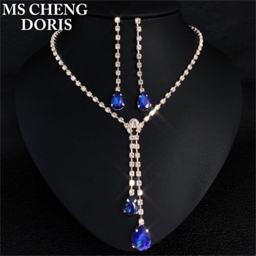 Sapphire Blue Crystal Teardrop Long Necklace Earrings Set Wedding Bridal Bridesmaid Formal Party Prom Jewelry Set For Women Gift
