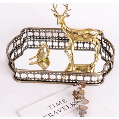 European-style Wrought Iron Plated Glass Storage Tray Mirror Bottom Tray Living Room Light Luxury Plate Decoration Fruit Plate