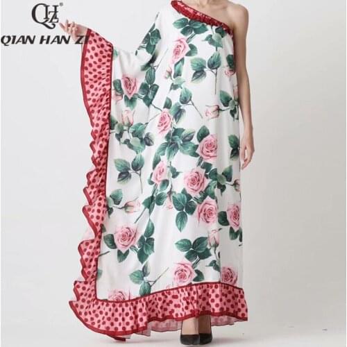 Qian Han Zi 2020 summer designer beach maxi dress Womens One-Shoulder Sexy Flower Print Elegant Belt Loose Long Dress