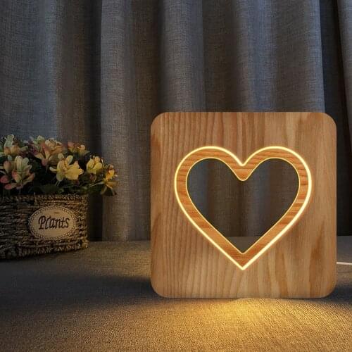 Heart 3D Led Lamp Solid Wood Hollow Carving Decorative Night Light for Lovers Wift Gift Home Wedding Party Decoration