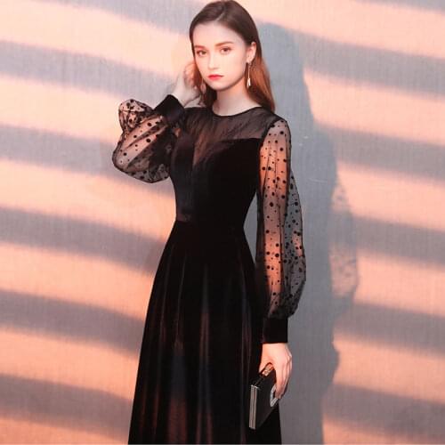 Muslim long sleeves black lace velour vestidos de fiesta de noche prom party Evening Dresses robe de soiree gown frock