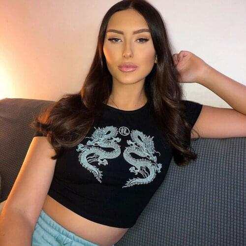 Dragon Print T-shirt Women Short Sleeve Crop Top 2020 Summer Fashion Streewear Top Tee Punk Style Female Clothing Tshirt