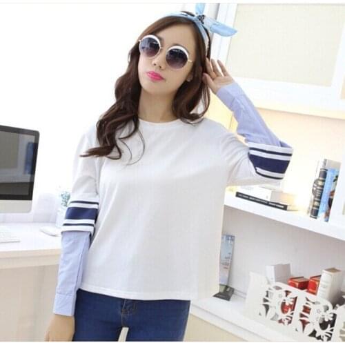 Women shirt 2017 new Fashion casual white drak blue Korean loose Patchwork cotton T-shirt,,T3240