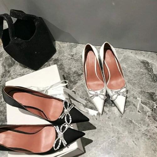 High Heels Womens Fine Heels 2021 New Autumn and Winter Satin Wedding Shoes Water Drill Bow Pointed Single Shoes