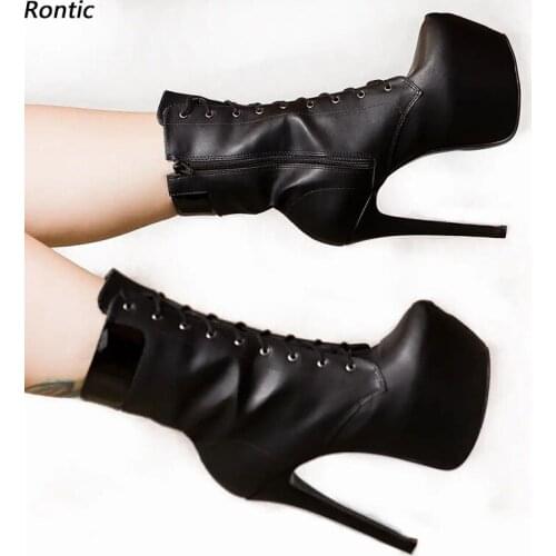 Rontic Women Winter Platform Ankle Boots Lace Up Side Zipper Sexy Stiletto Heels Round Toe Pretty Black Club Shoes US Size 5-20