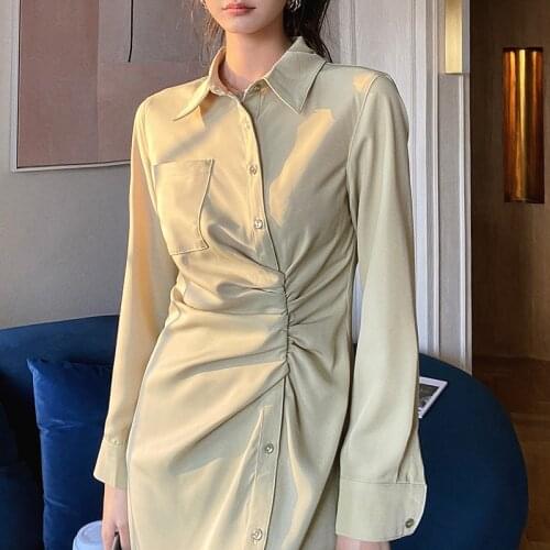 Woman Midi Shirt Dress 2021 Fashion Vintage Green Bodycon Sexy Slit Midi Ruched Dresses For Women Party Club Clothes