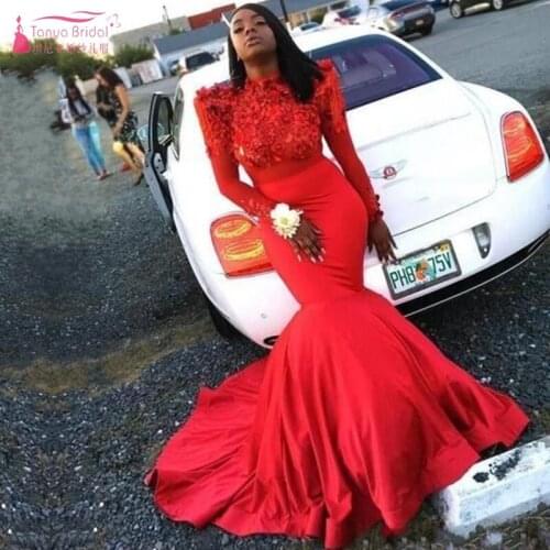 Sexy Long Sleeve Mermaid Prom Dresses 2019 New Sweep Train High Neck Lace 3D Floral Applique Beading Formal Evening Dress W025