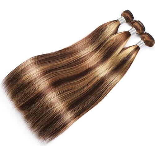 Medium Brown / Strawberry Blonde 3 Bundles Hair Weaves Brazilian Hair Straight Human Hair Extensions Remy Human Hair Bundle Hair