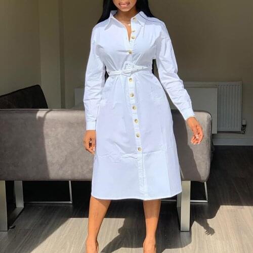 White Shirt Dress Women Autumn Casual Plus Size Long Sleeve Button Solid Office Dress Elegant Slim Long Party Dress With Belt