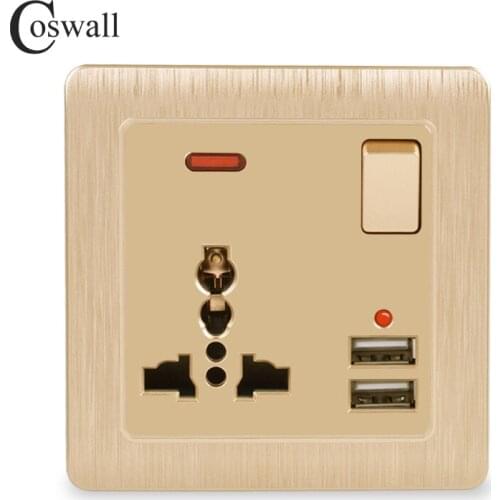 Coswall Wall Power Socket 13A Universal 3 Hole Switched Outlet 2.1A Dual USB Charger Port LED indicator Gold