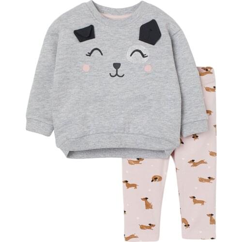 Childrens Sets New Autumn Cotton Baby Girl Clothes Toddler Set Brand Cat Print Pink Terry Gray Sweater + Animal Print Pants