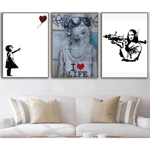 Graffiti Street Art Print I love Life Canvas Painting Girl With Red Balloon Painting Nordic Wall Art Poster Living Room Decor