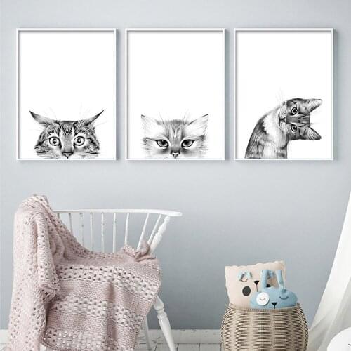 Canvas Prints Painting Nordic Style Lovely Black White Cats Posters Wall Art Animals Modular Pictures For Living Room Home Decor
