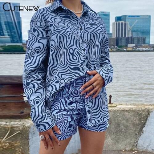 Cutenew Fashion Print Two Piece Set Women Outfit Autumn Single-Breasted Long Sleeve Shirt+Shorts Matching Lady Casual Streetwear