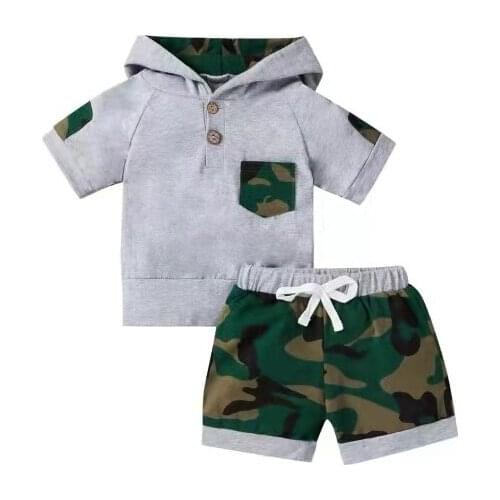 0-18M Camoufalge Clothes Set Soft Kids Boys Hooded Tops Shorts 2Pcs Summer Boys Clothing Outfits