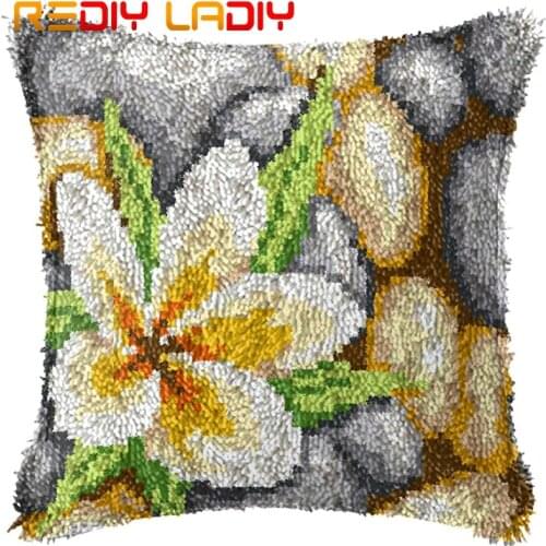 Latch Hook Cushion Orchid & Stones Pillow Case Pre-Printed Canvas Acrylic Yarn Latched Sofa Pillow Crochet Cushion Cover Kits